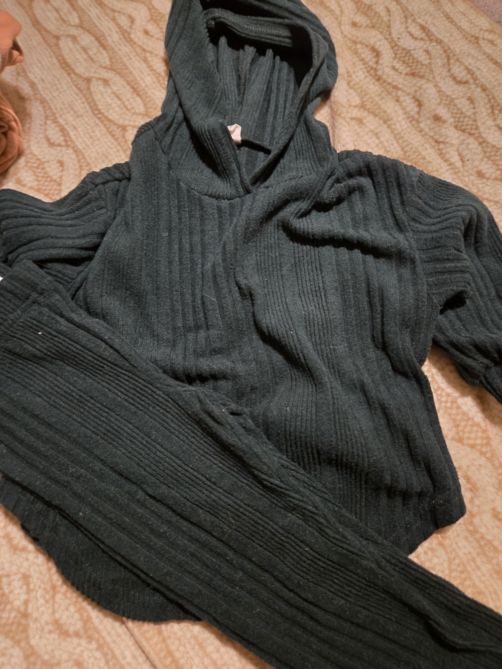 SHEIN Ribbed Hooded Sweater Set in Dark Green